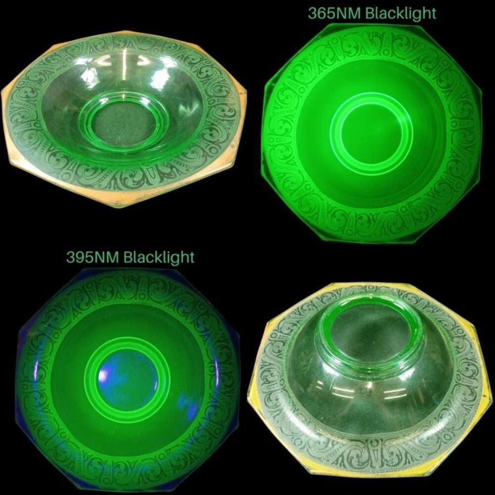 1x Vintage Large Green Uranium Glass Footed Bowl dish 12" Etched Gold Trim GLOW